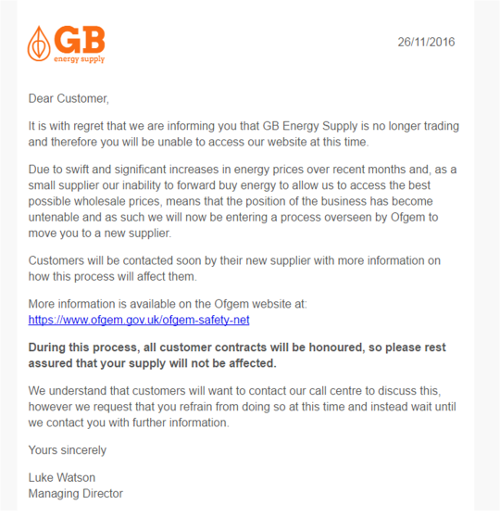 GB energy supply review - GB energy supply going bust statement on TheEnergyShop.com